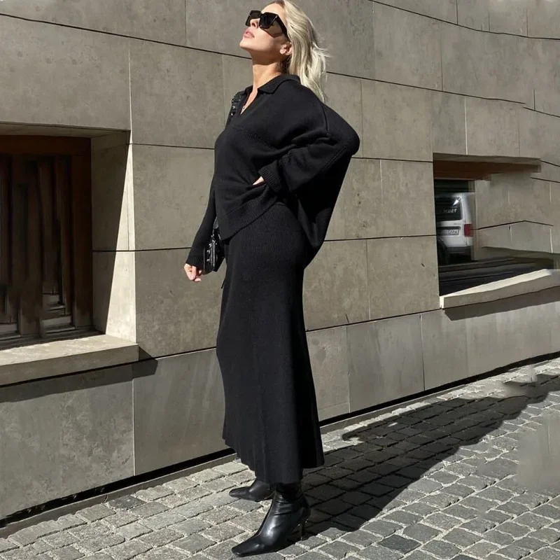 Talenza Herbst Pullover Langer Rock Anzug Damen Casual Solide Lose