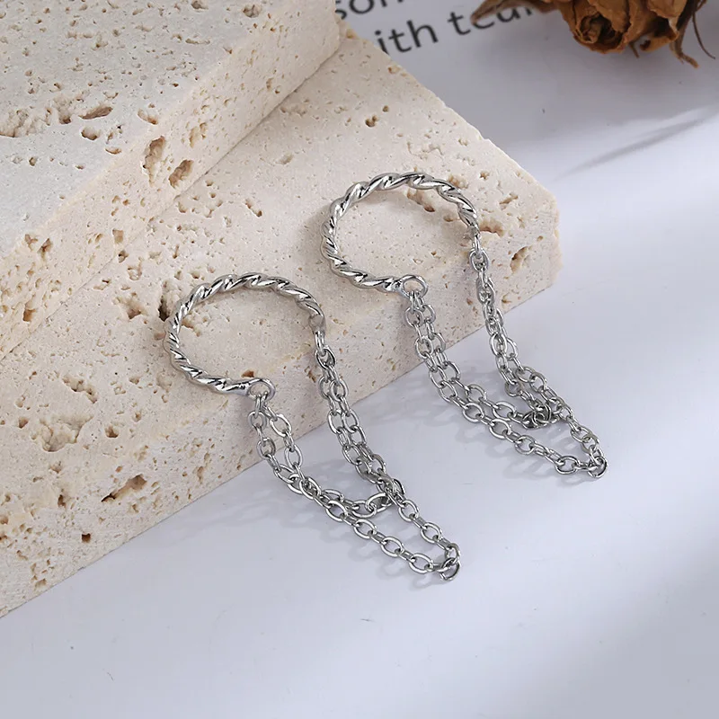 1Pcs New Punk Rock Double Chain Tassel Clip Earrings For Women Fake Piercing Twist Metal Earbone Ear Cuff Party Jewelry Gifts