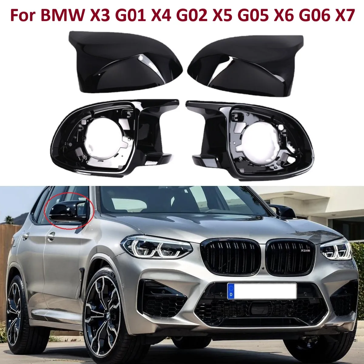 

4PCS Set Gloss Black Car Mirror Support Trim Ring & Mirror Cover Cap Assembly For BMW X3 G01 X4 G02 X5 G05 X6 G06 X7 G07 F97 F98