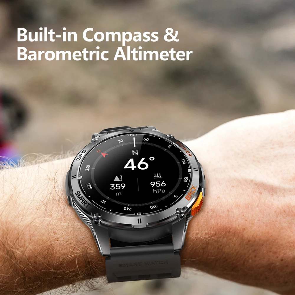 Smartwatch Sportivo GPS con Schermo AMOLED, Impermeabile IP68, Torcia LED, Bussola, Orologio da Uomo per Attività all'Aperto, Monitoraggio Salute, 530mAh, Musica - immagine 5