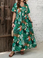 Women's Plus Size Boho Tropical Print V-Neck Dress with Ruched Chest & Short Sleeves Spring Summer Vacations Cute Dresses - Image 2