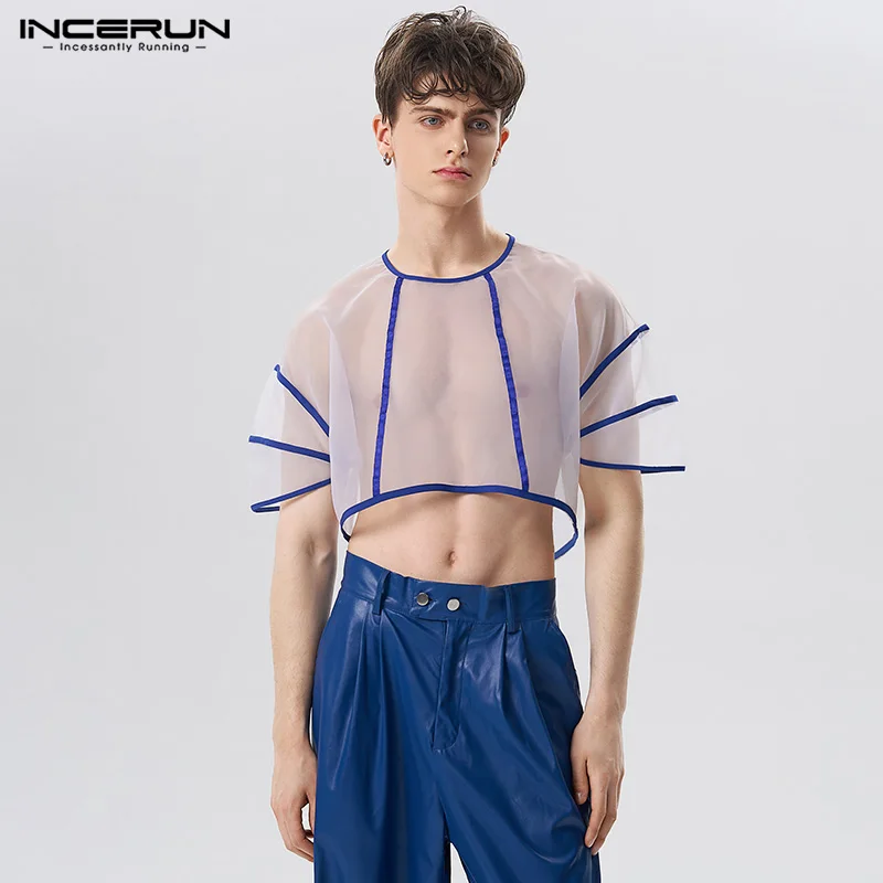 

INCERUN Tops 2023 American Style Men Fashion See-through Splicing T-shirts Sexy Male Bubble Sleeved Short Sleeved Camiseta S-5XL