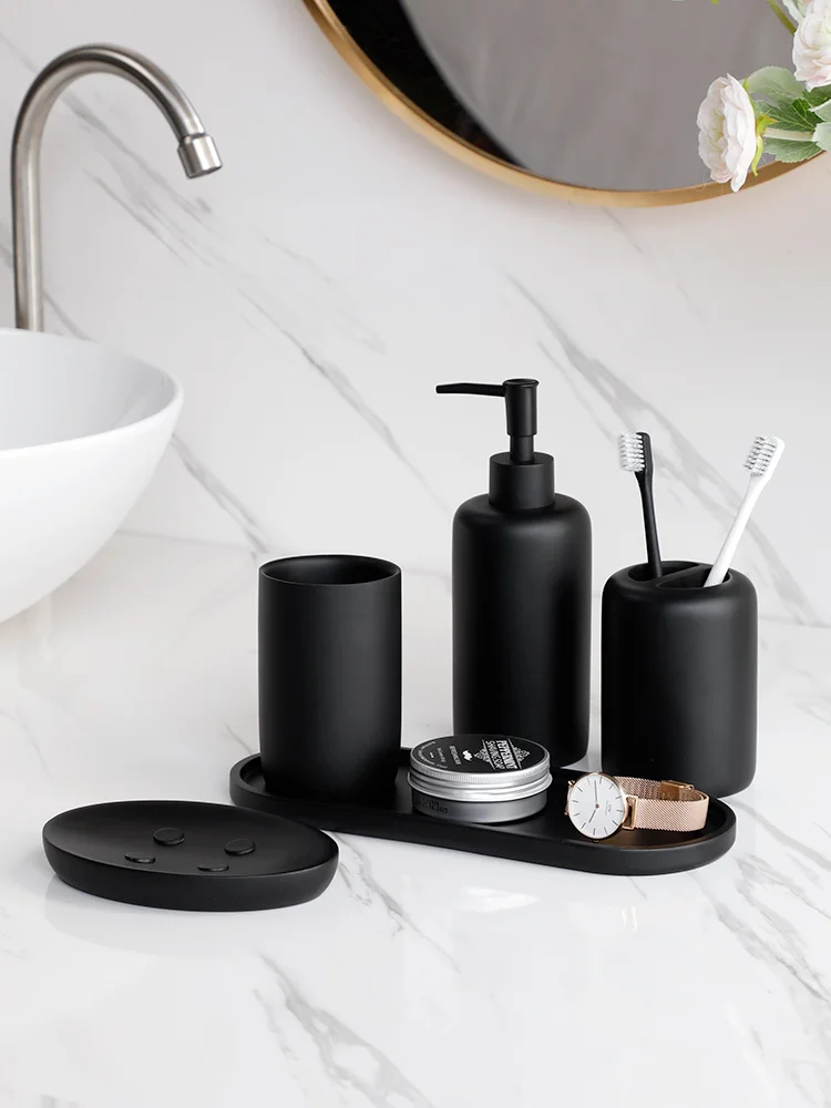 4 Piece Matte Black Resin Bathroom Accessory Set, Includes Soap Dish, –  MyGift