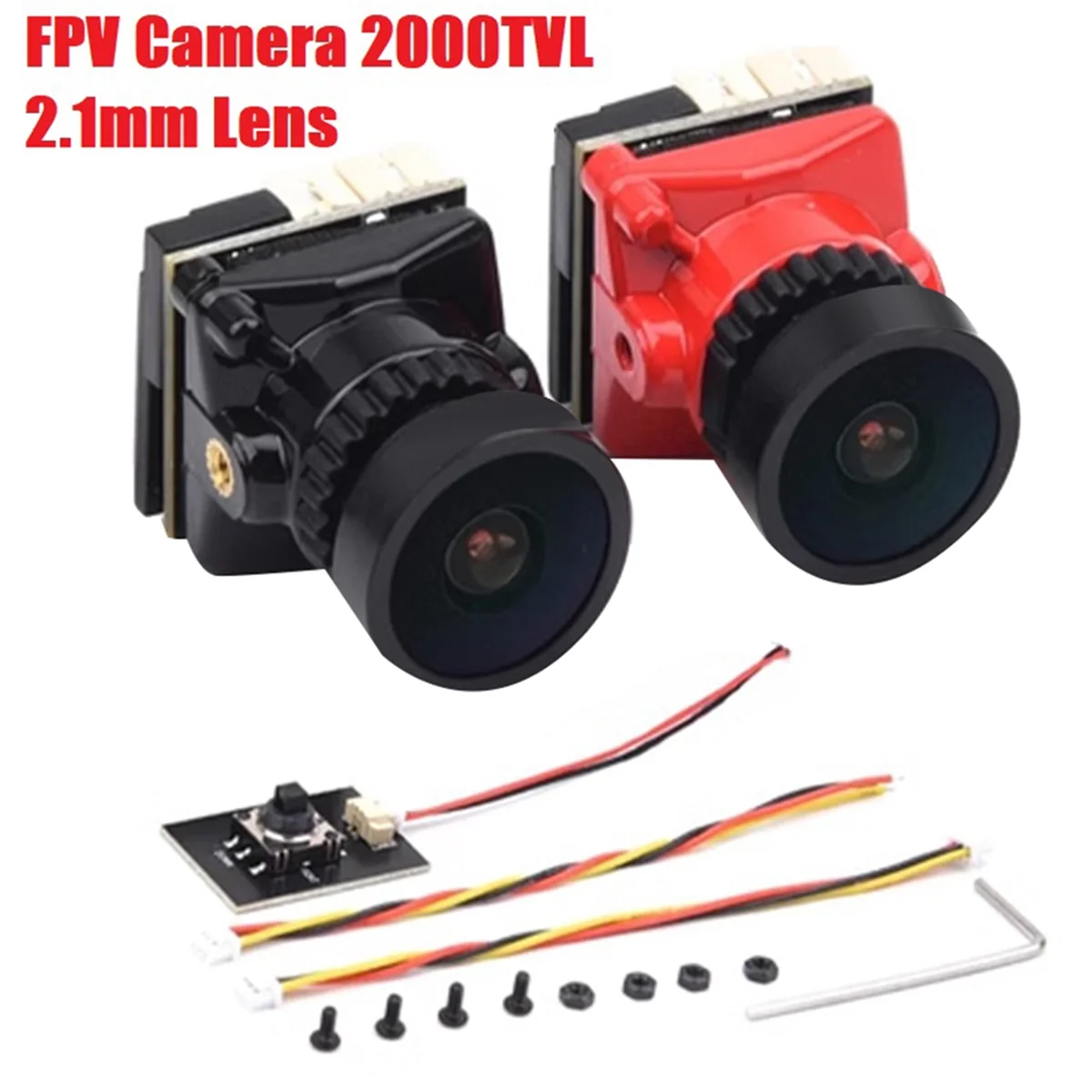 Gros plan sur l'objectif 2.1mm de la caméra FPV Mista Ratel 2000TVL OSD avec connecteurs visibles