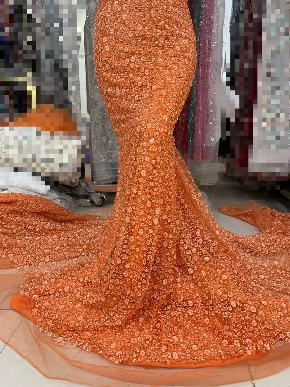 

Orange Color French Lace Fabric 24H-42008 Embroidered African Net Mesh with Sequins and Plenty Beads For Lady Party Dress