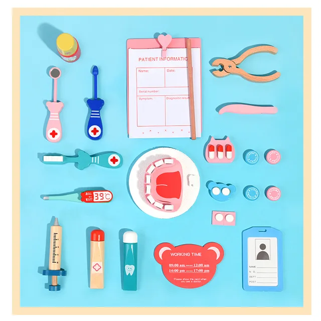 Doctor Toys for Children Set Kids Wooden Pretend Play Kit Games for Girls Boys Red Medical Dentist Medicine Box Cloth Bags Gifts 3