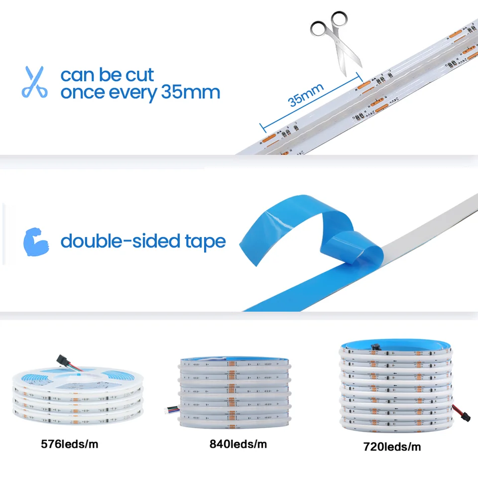5V 12V 24V COB LED Strip RGB RGBW RGBWW RGBCCT Nastro Flessibile Led 840 784 576LED/M Luci LED FOB Ad Alta Luminosà Per La Stanza - Foto 5