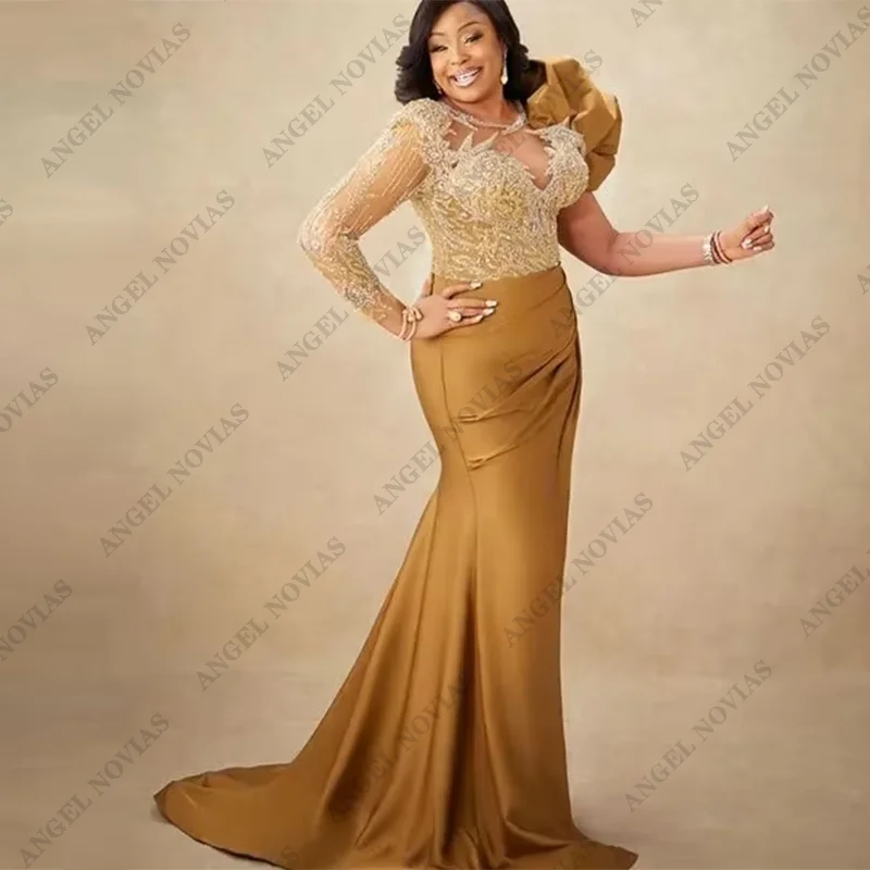 Gold Mermaid Mother Of Bride Dresses Lace Beaded Evening Prom Formal Party Birthday Celebrity Mother Of Groom Gown mother bride dresses women party dresses