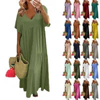 Women Short-Sleeved Dress Summer Simple Comfortable V-Neck Solid Color Large Size Dresses Casual Loose Long Large Swing Dress - Image 2
