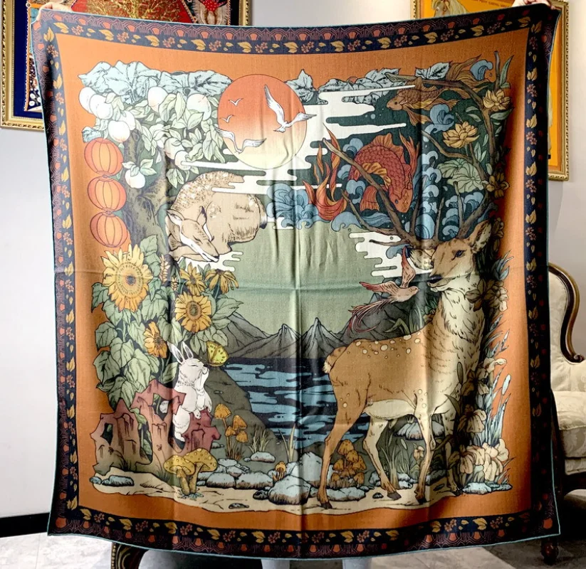 

High-end Elegant Women Exquisite Auspicious Elephant Double-sided Print Quality Silk Wool Handrolled Edge Square Scarf Shawls