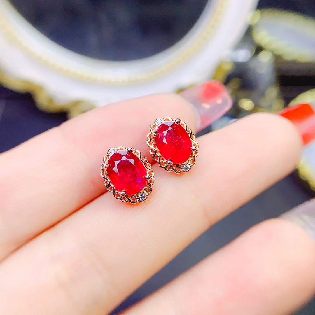 

FS Inlay 6*8mm Natural Ruby Earrings S925 Sterling Silver for Women Fine Fashion Charm Weddings Jewelry MeiBaPJ With Certificate