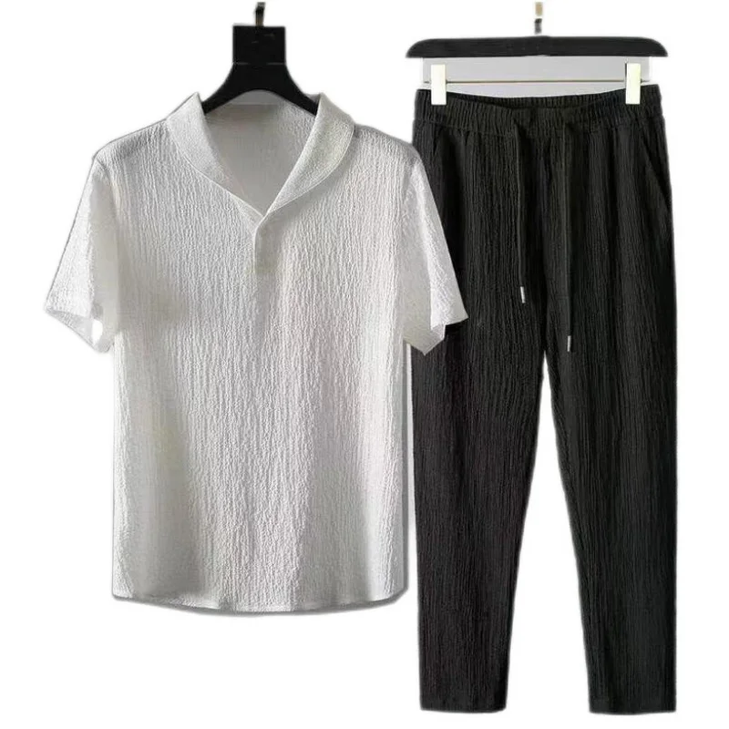Men's Casual Two-Piece Set Summer Thin Short-Sleeved Shirt + Elastic Waist Trousers Solid Shirt+Trousers Home Suits