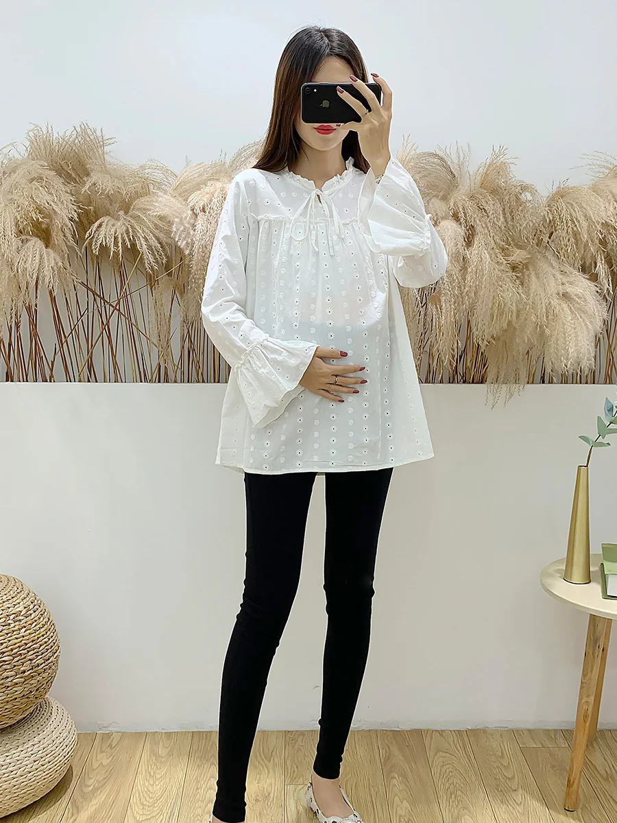 임산부 셔츠 봄 가을 순면 플레어 슬리브 자수 루즈핏 한국 스타일 만능 베이스 레이어 셔츠