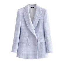 

Women Fashion Double Breasted Tweed Check Blazer Coat Vintage Long Sleeve Pockets Female Outerwear Chic Veste