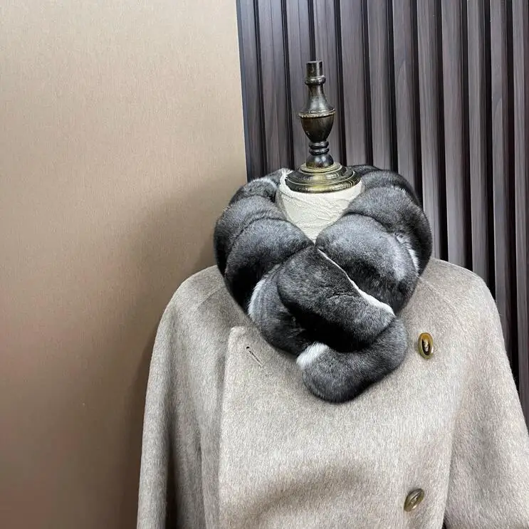 Unisex-Schal aus 100 % echtem Chinchilla-Fell, Lady Wraps, natürliche Farbe, superweicher Halswärmer, Halstuch – Detail 9