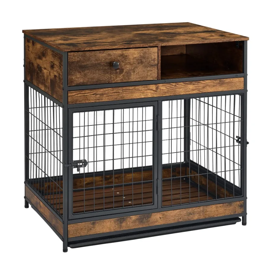 Dog Crate Rustic Brown 31.5Wx22.64Dx30.59H Double Doors Furniture Cage