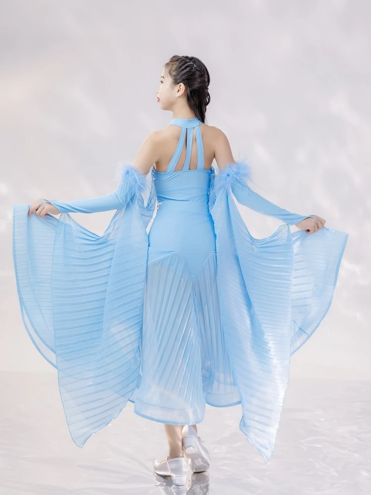 Girls Blue Ballroom Dancing Dresses Off-Shoulder Bodysuit Skirt Feather Gloves Waltz Tango Dancing Competition Costume VDB7855