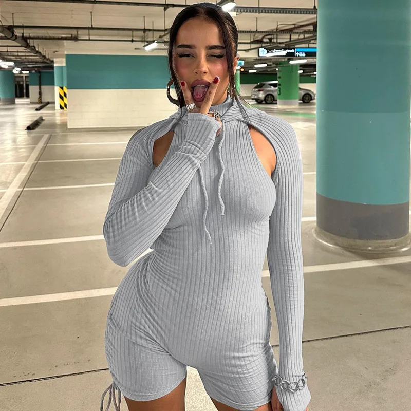 

Casual Knitted Rib Ruched Lace Up Black Grey Playsuit Women Sexy Hollow Out Drawstring Night Club Sporty Shorts Jumpsuit Romper