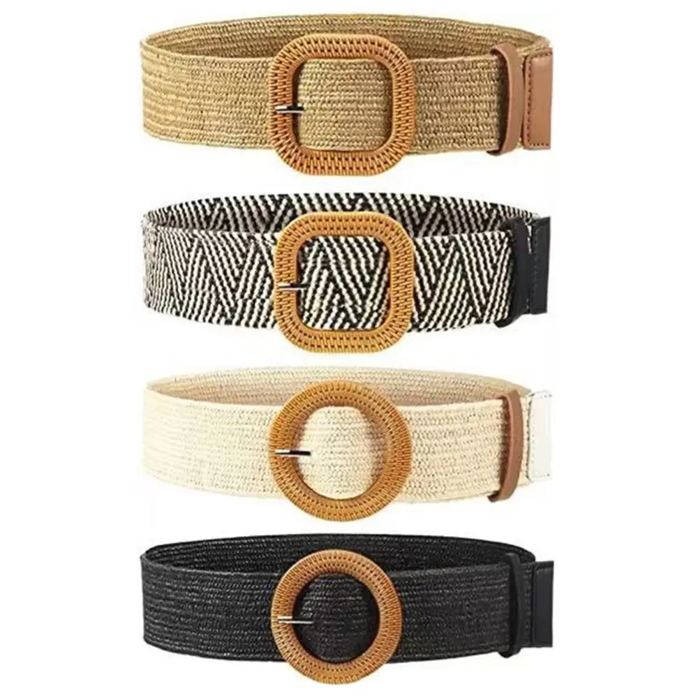 New Women Straw Braided Belt Bohemian Square/Round Buckle Elastic Woven Belt Beach Style Elastic Wide Waistband Decorative Belt