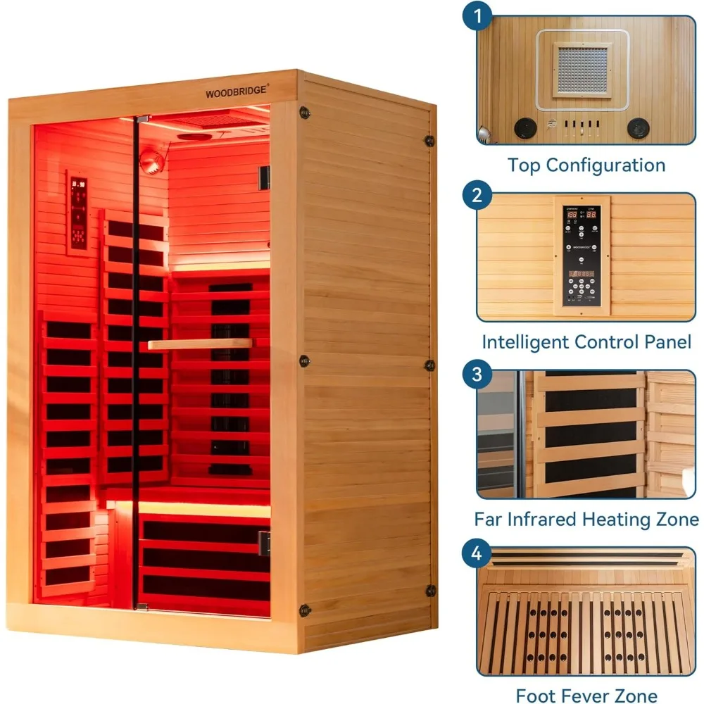 Infrared Home Sauna Room 2 Person Hemlock Wooden Indoor Sauna,7 Carbon 1980W/120V Heaters,with Led Color Therapy Light 3