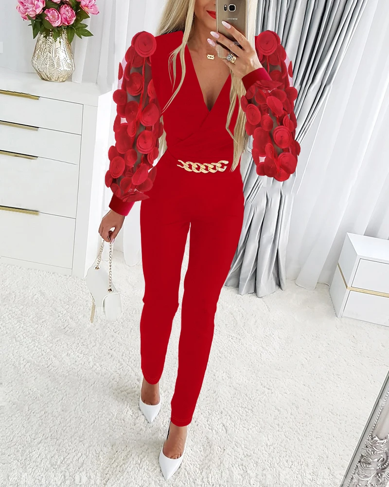 Spring Autumn Women Floral Pattern Sheer Mesh Patch Chain Decor Jumpsuit Femme V Neck Straight Leg Lady Party Clothing Traf
