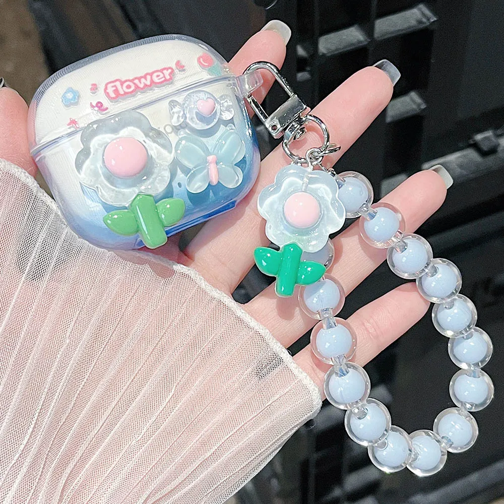 Korean Floral Soft TPU Clear Protective Earphone Case with Beaded Bracelet Pendant