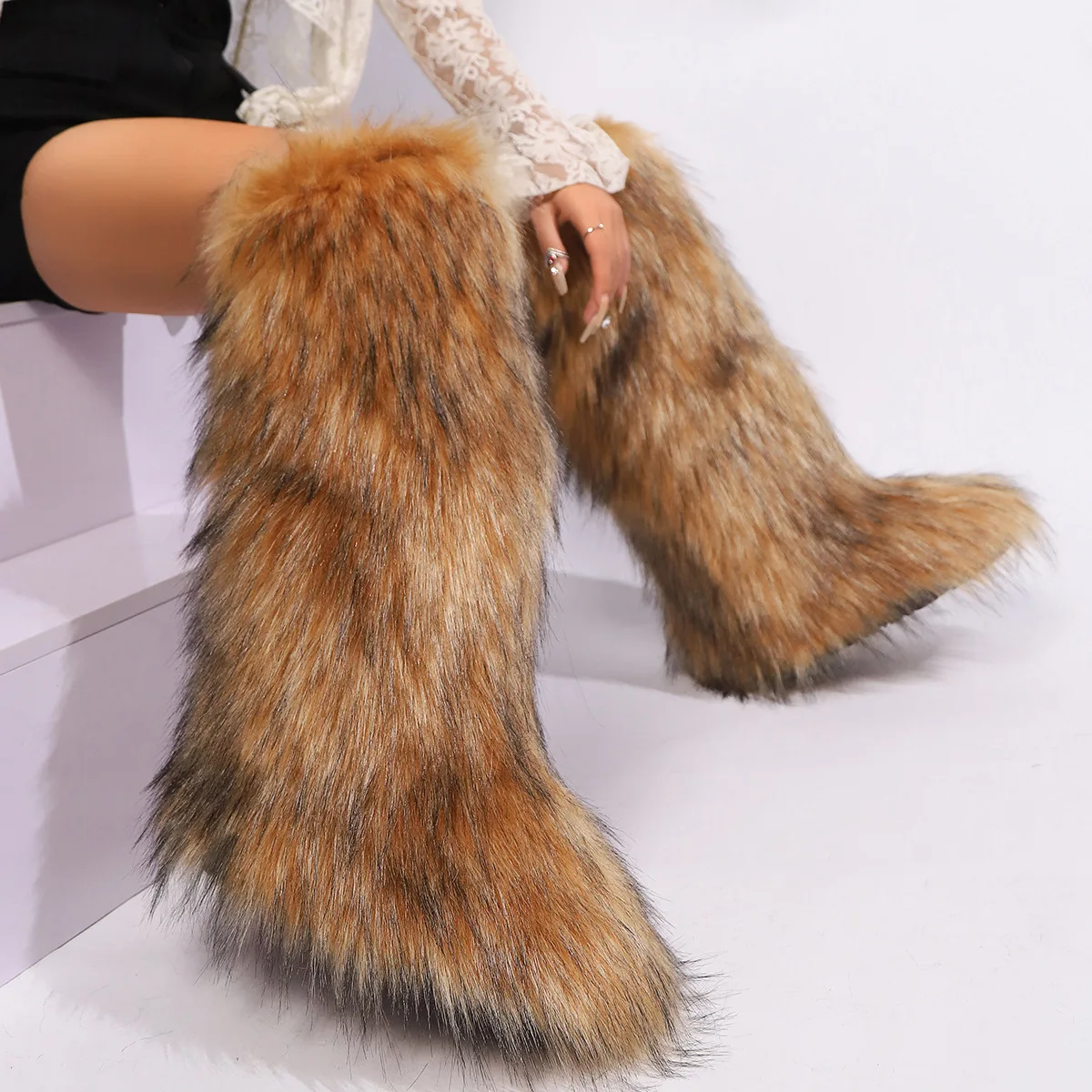 Women's Faux Fur Snow Boots – Fluffy Mid-Calf Winter Boots, Flat Sole, Warm Outdoor Shoes (Black, Size 9)