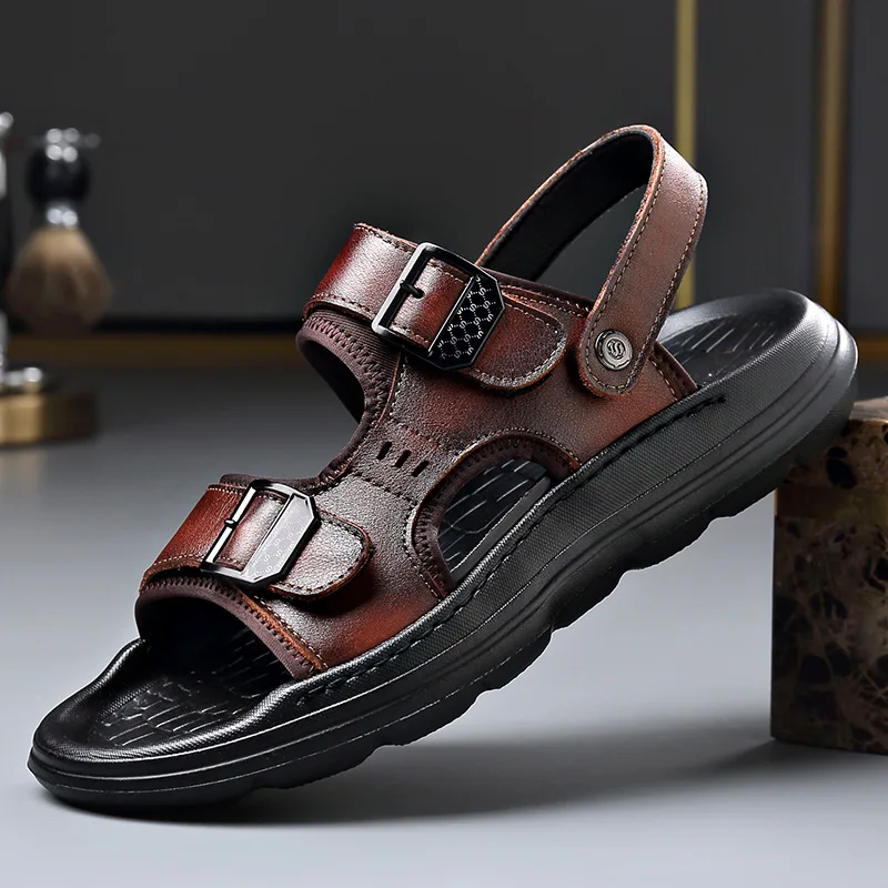 New Summer Men's Leather Sandals Genuine Leather Casual Beach Shoes Thick Bottom Anti-Slip Dual-Purpose Slip-On Breathable To...