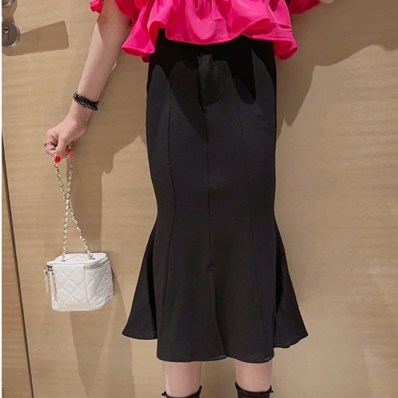 

Fashion Children's Clothing for Teens Summer New Rose Red Off-the-shoulder Top + Black Skirt 2pcs Casual Girls Outfit Set 4-14 Y