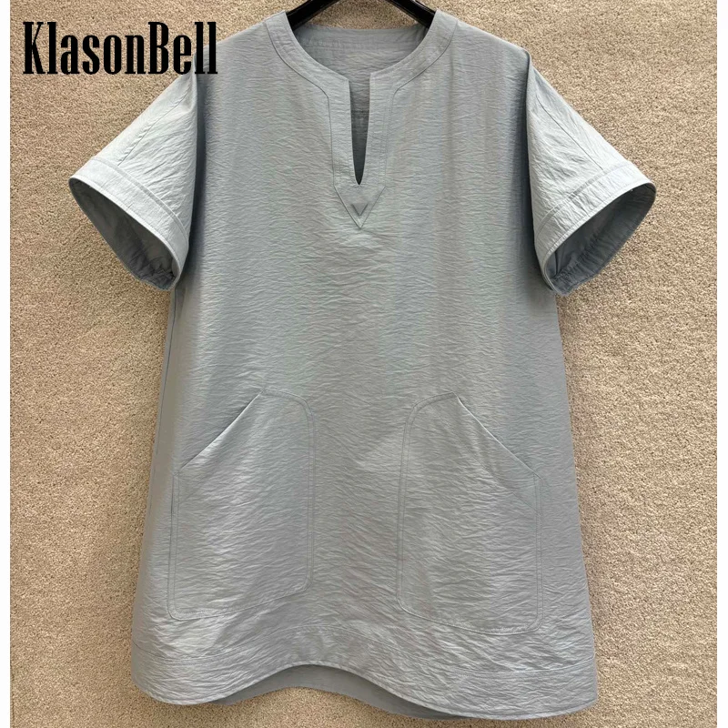 

6,24 KlasonBell женское 2024 летнее новое платье с V-образным вырезом и металлической пряжкой с О-образным вырезом свободное прямое мини-платье из хлопчатобумажной смеси с двумя карманами