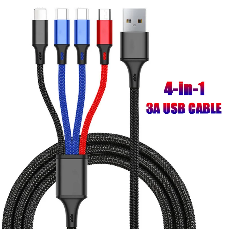  4 In 1 3A USB Cable USB A To Micro Type C Fast Charging Cord For iPhone 14 13 Pro Max Xiaomi 12 POCO M5 Samsung S22 Realme Vivo 