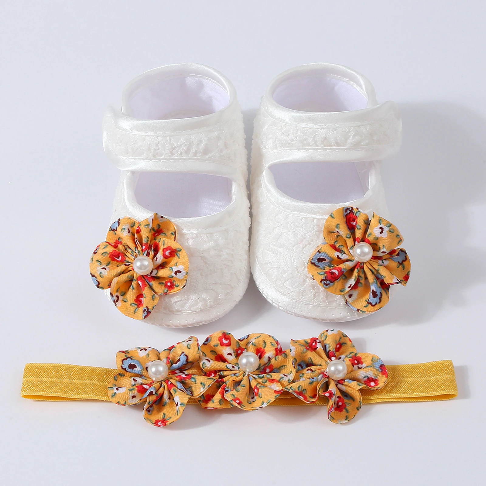 Newborn Baby Girl Flats Crib Shoes Cute Bead Flower Closed Toe Soft Sole Princess Shoes with Headband for Spring Fall