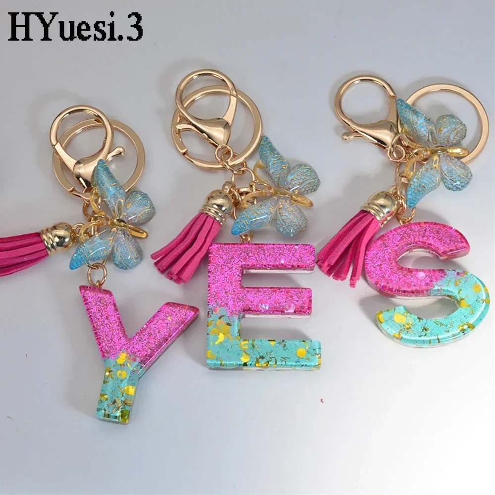 Pink Blue Color Letter Keychain Women Purse Decor Resin Sequin Initial Alphabet Key Rings With Tassel Butterfly For Couple Gifts