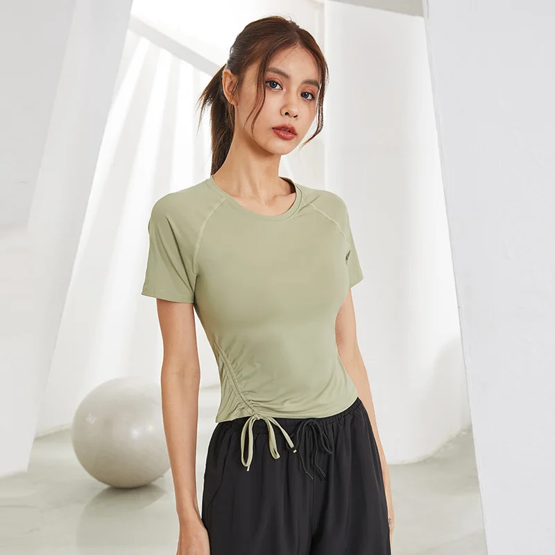 Sexy Fitness Women's Shirts Elastic Yoga Sport Tights Quick Drying T Shirt Gym Running Tops Lace Up Drawstring Short Sleeve Tees