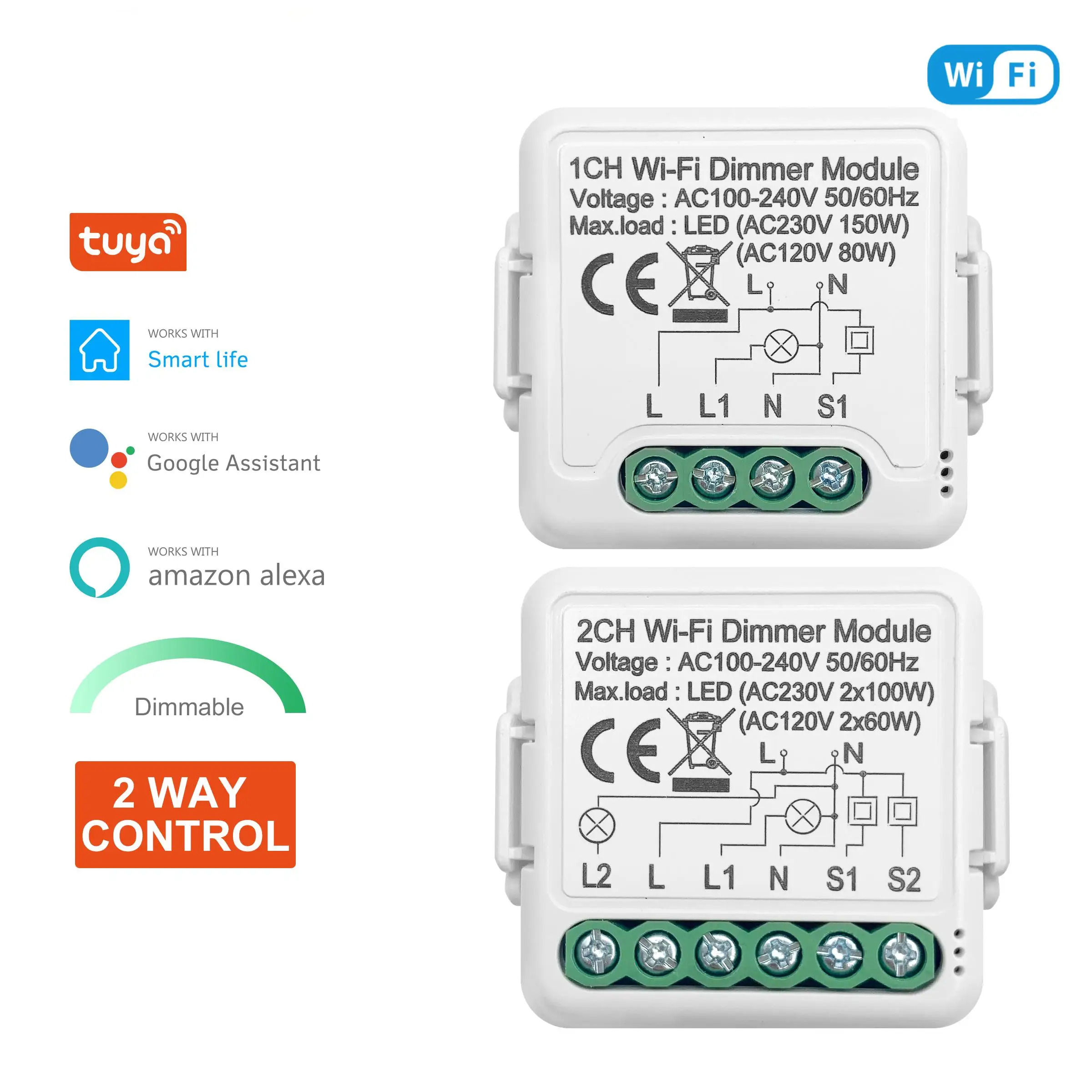 Tuya Wifi Smart Dimmer Switch Module 10A Support 2 Way Control Dimmable Light Switch 1 2 Gang Work with Alexa Google Home 1