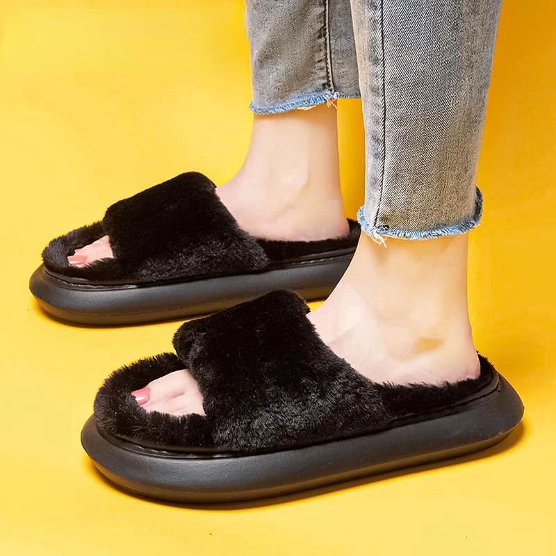 2023 Fur Slippers Women Slides Furry Flat Sandals Indoor House Shoes ...