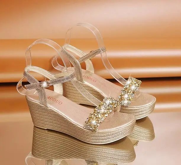Women Wedge Sandals Summer Bead Studded Platform Sandals Buckle Strap Peep Toe Thick Bottom Casual Shoes