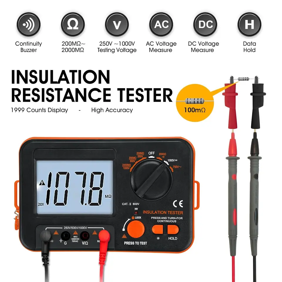 Megohmmeter TY-6045 – Tester Resistenza Isolamento 1000V/2000MΩ – Portatile, ACV 500V