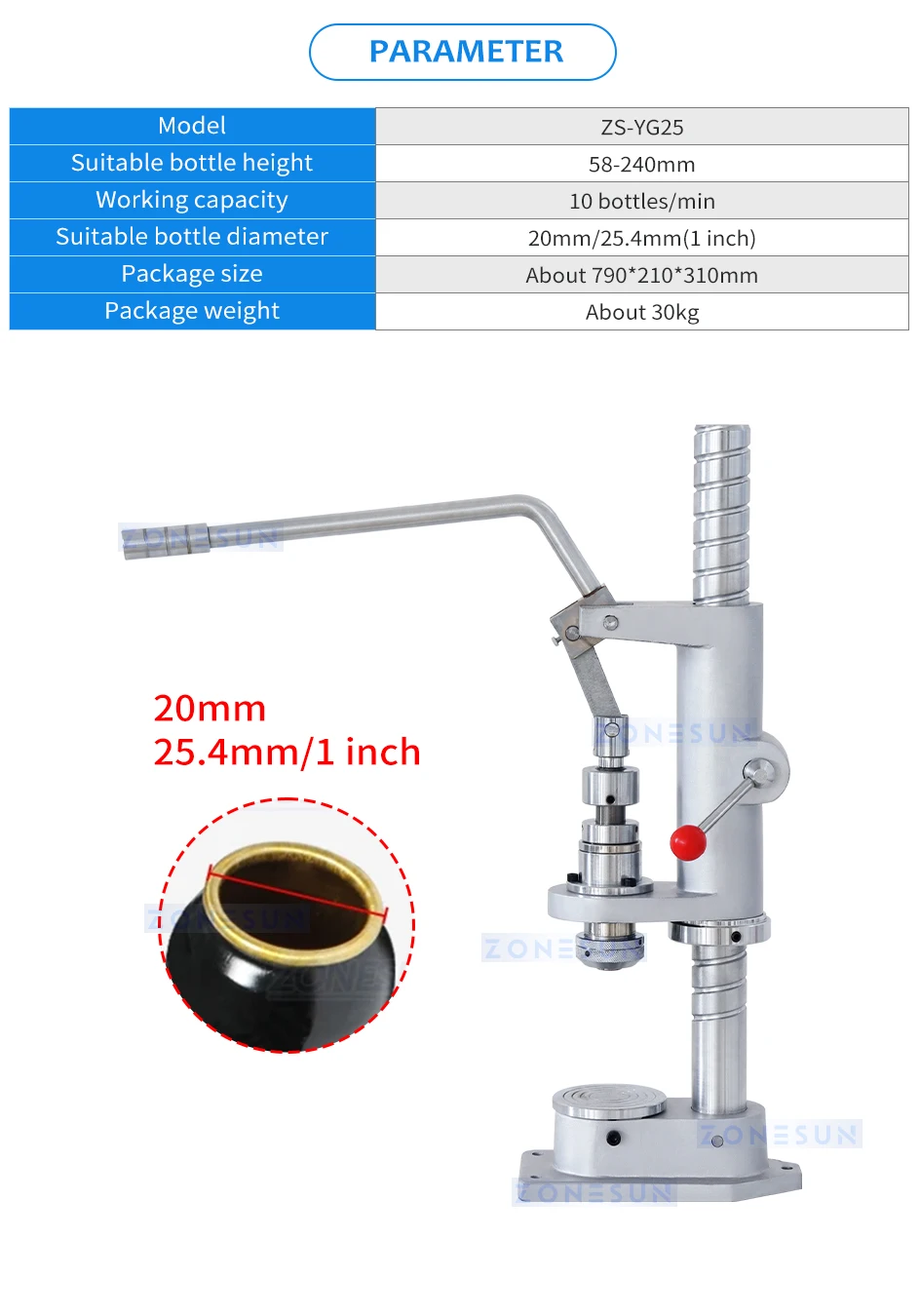 ZONESUN Manual Aerosol Can Sealing Machine Spraying Bottle Sealer Can Crimper ZS-YG25