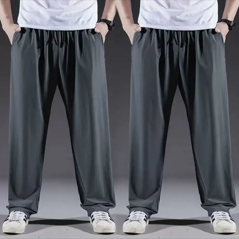 Qui Dry Ice Silk Men's Summer Thin Elastic Sports Casual Pants plus Size Loose Straight Leg Drapey Feel Faionable Youthfu...