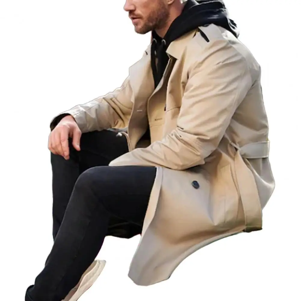 

Business Men Windbreaker Stylish Men's Double-breasted Long Coat Slim Fit Lapel Windbreaker with Pockets Belt for Autumn/winter
