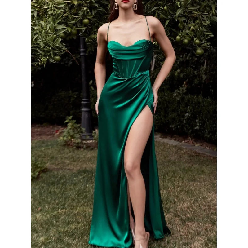 

Sexy Backless Slit Suspender Formal Evening Dress Lace Up Solid High Waist Graduation Elegant Party for Women 2023