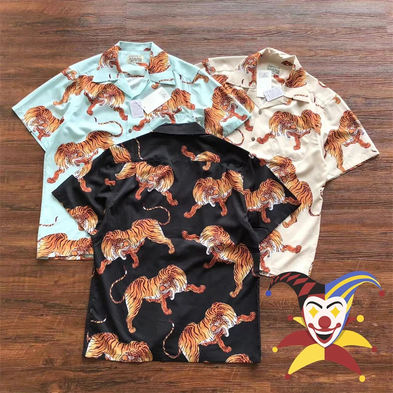 

Wacko Maria Shirts Men Women Simple Lapel Hawaii Beach Short Sleeve Quick Drying New Tiger Full Print Top
