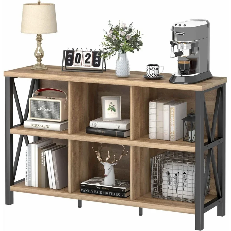

FATORRI 6 Cube Storage Organizer with Shelf, Long Wood and Metal Cubby Bookcase, Industrial Horizontal Bookshelf (Rustic Oak, 47