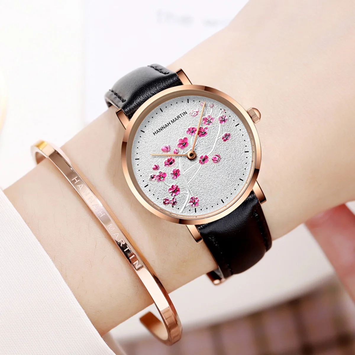 Elegant Red Plum Blossom Ladies' Watch with Genuine Leather Band
