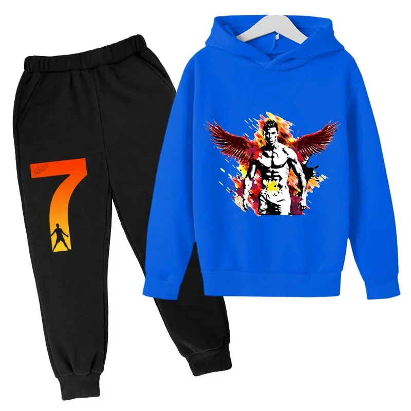 thumbnail image 1 of Conjunto de sudadera con capucha de primavera de Ronaldo, conjunto de 2 piezas de sudadera y pantalones azules informales para niños, ropa deportiva informal, chándal para niños, 1 of 5