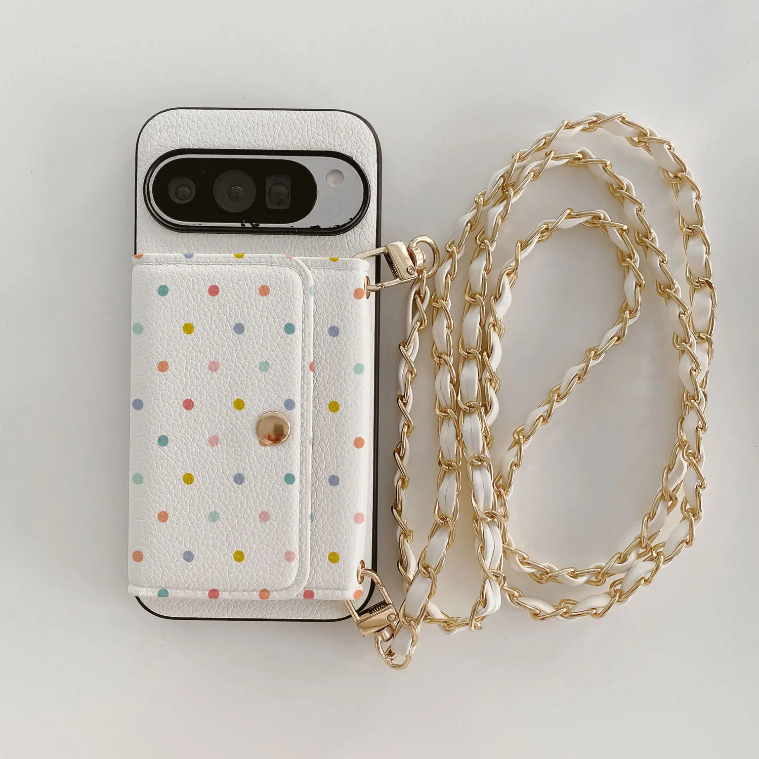 Polka Dot Lychee PU Leather Phone Card Holder Lanyard Case
