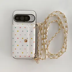 Polka Dot Lychee PU Leather Phone Card Holder Lanyard Case - Pixel 9a (Xiaobodian)
