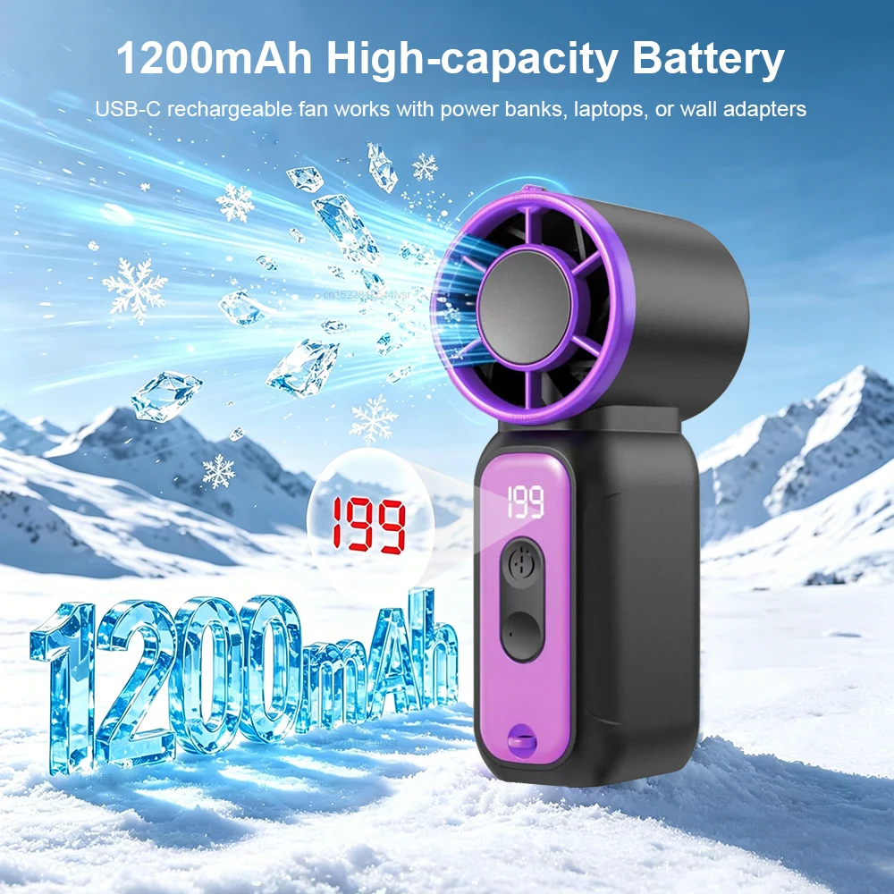 Compact Rechargeable Handheld Fan with Digital Display and LED Lighting