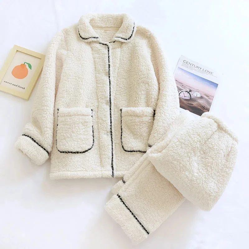 Autumn Winter Warm Flannel Pajamas Set Women Pyjamas Sets Thick Coral Velvet Long Sleeve Soft Home Wear Clothes for Women